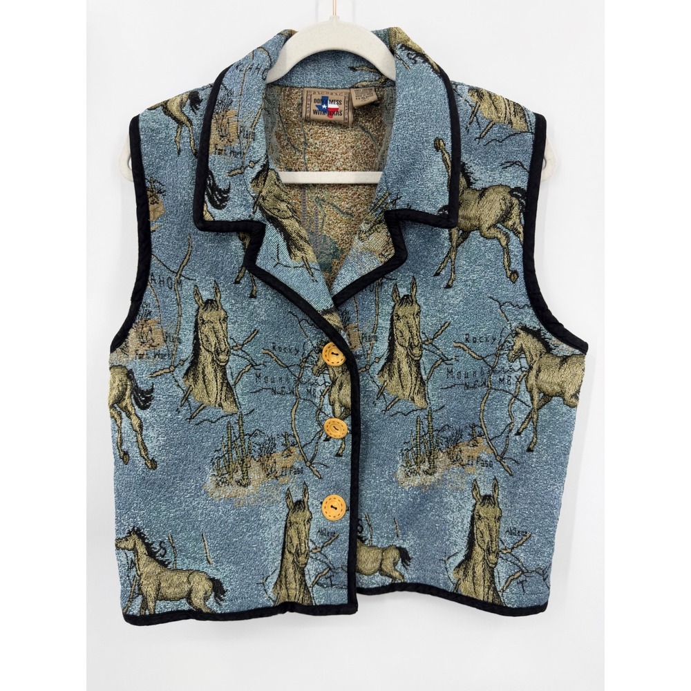 Don't Mess With Texas Tapestry Vest Womens L Blue Horse Woven Western rodeo